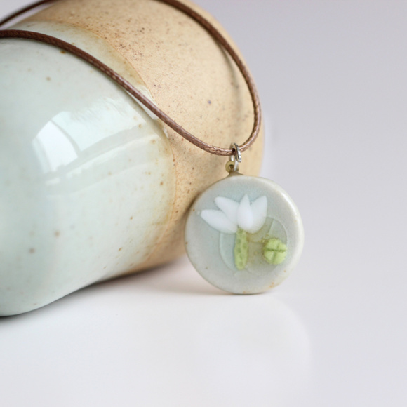 Jewelry - Handmade Lotus Flower Ceramic Pendant Necklace